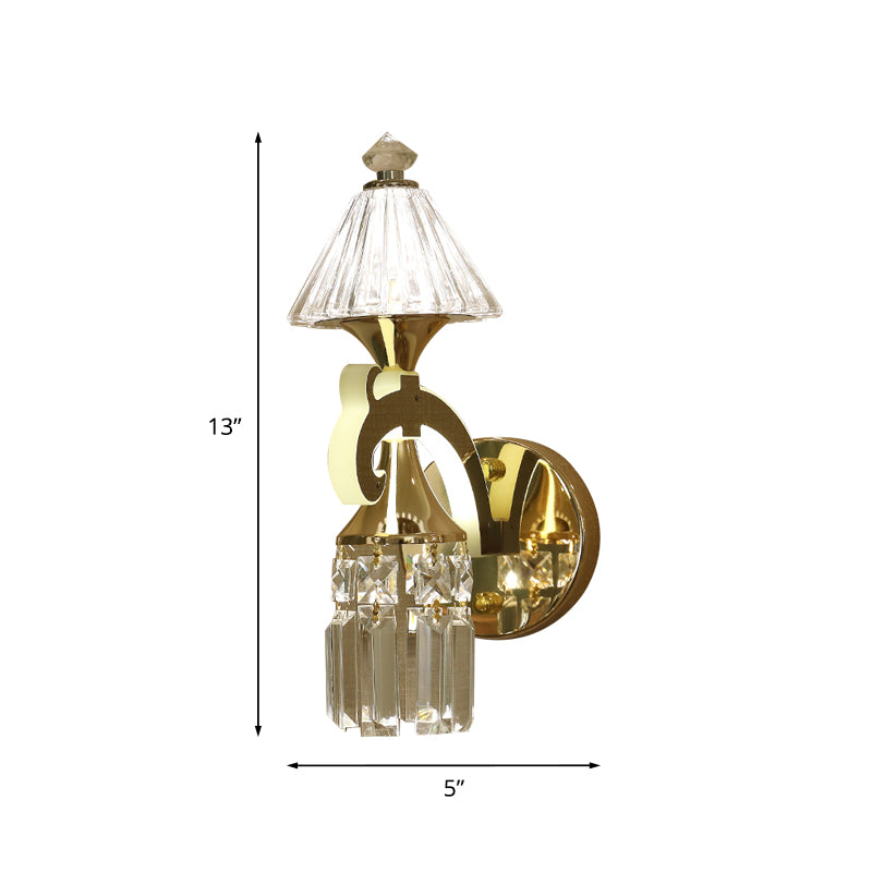 Gold 1/2-Bulb Wall Mounted Lighting Postmodern Crystal Conical Wall Sconce with Dangling Rods