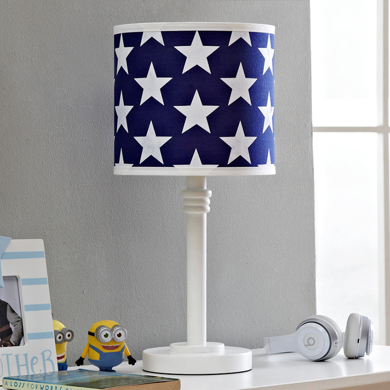 Wood Drum Shape Tall Table Lamp with Star Pattern Modern 1 Head Blue Night Light
