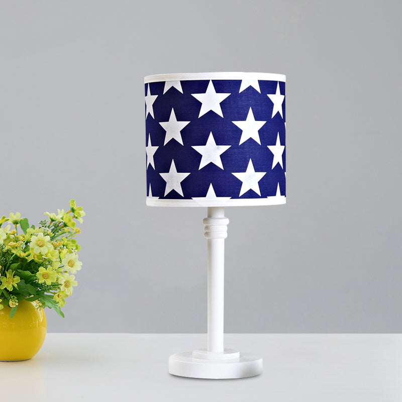 Wood Drum Shape Tall Table Lamp with Star Pattern Modern 1 Head Blue Night Light