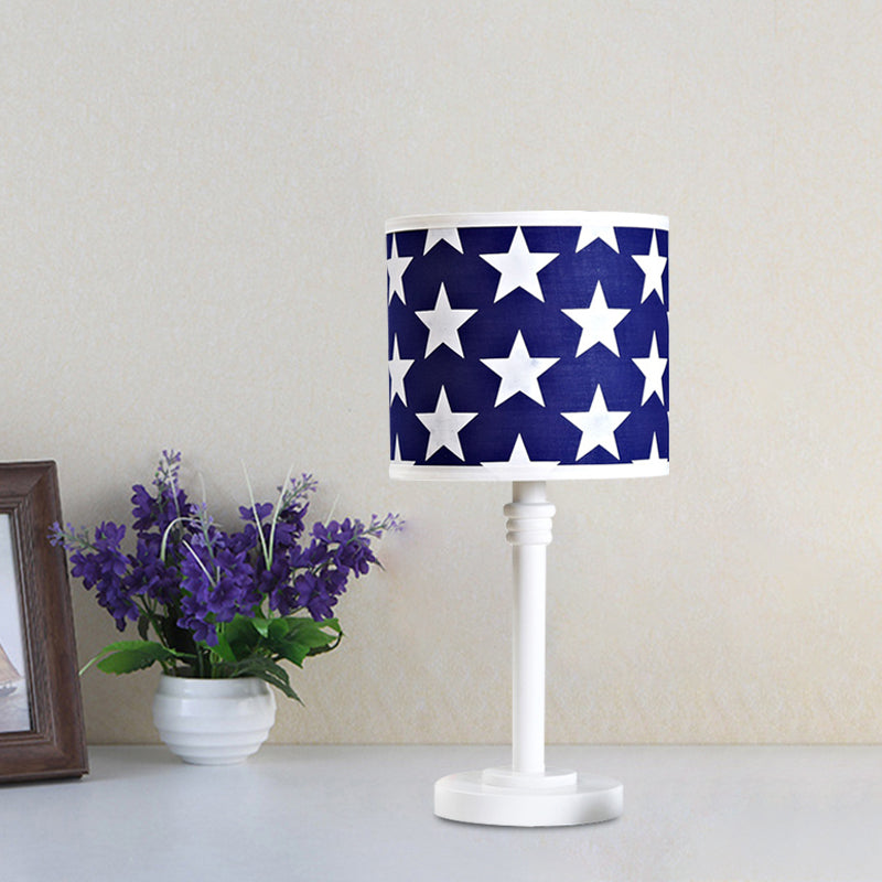 Wood Drum Shape Tall Table Lamp with Star Pattern Modern 1 Head Blue Night Light