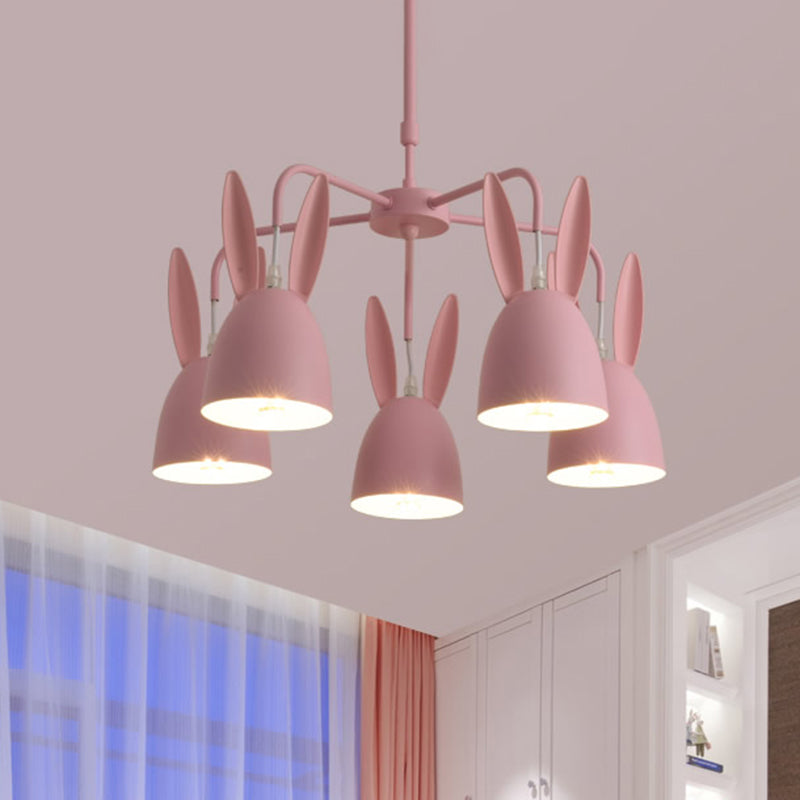 Métal de lapin de lapin Drop Pendant Light Cartoon 5 lumières Light Lighting Chandelier Lighting in Pink