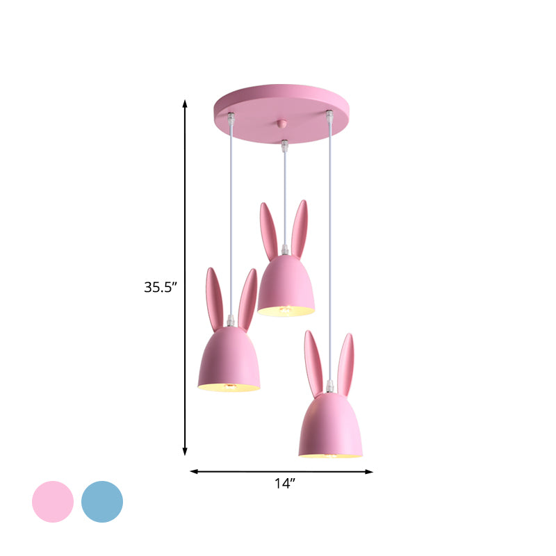 Roze/blauw konijnschaduw druppel cluster hanger lichte cartoon 3 lichten metaalhangende lamp