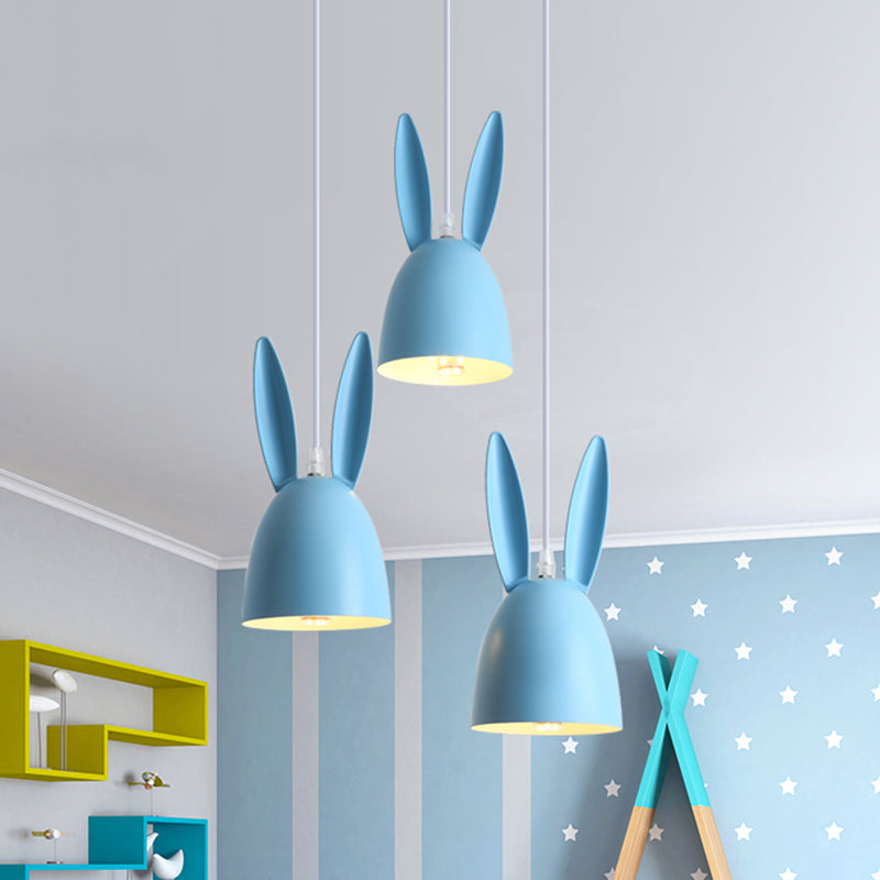 Pink/Blue Rabbit Shade Drop Cluster Anhänger Leicht Cartoon 3 Lichter Metallhanglampe