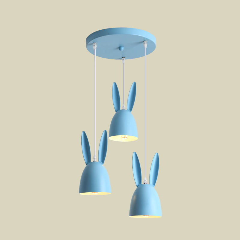 Pink/Blue Rabbit Shade Drop Cluster Pendant Light Cartoon 3 Lights Metal Hanging Lamp
