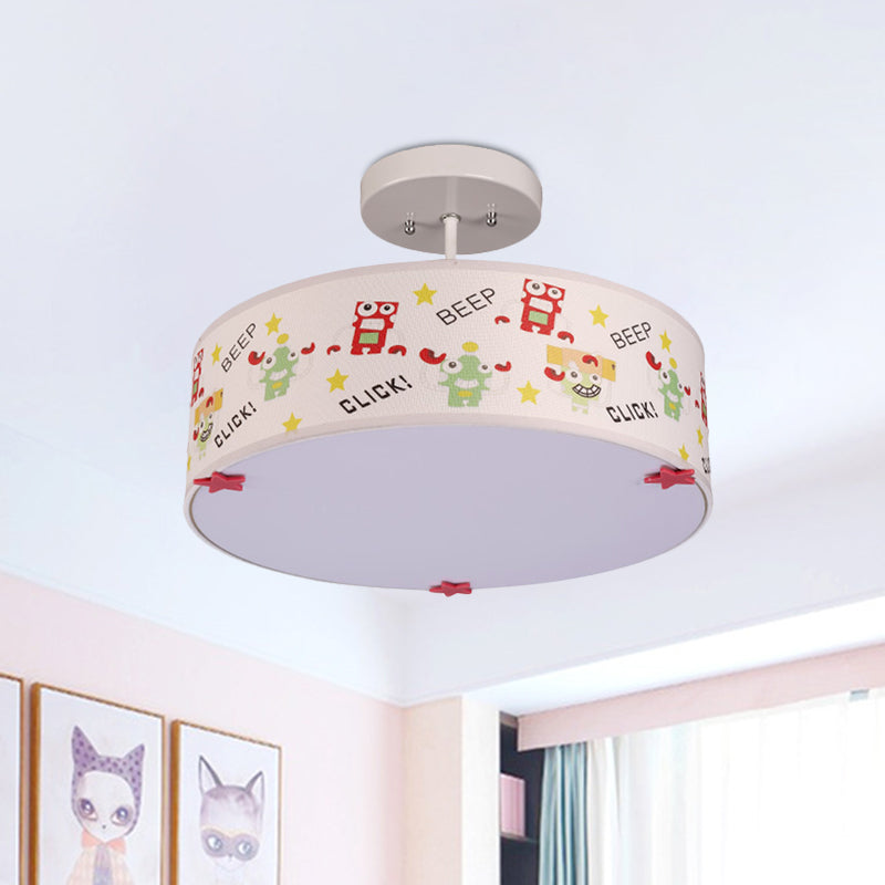 Drum Semi Mount Lighting Cartoon Fabric 3 Bulbs Flush Ceiling Light with Animal Pattern in White
