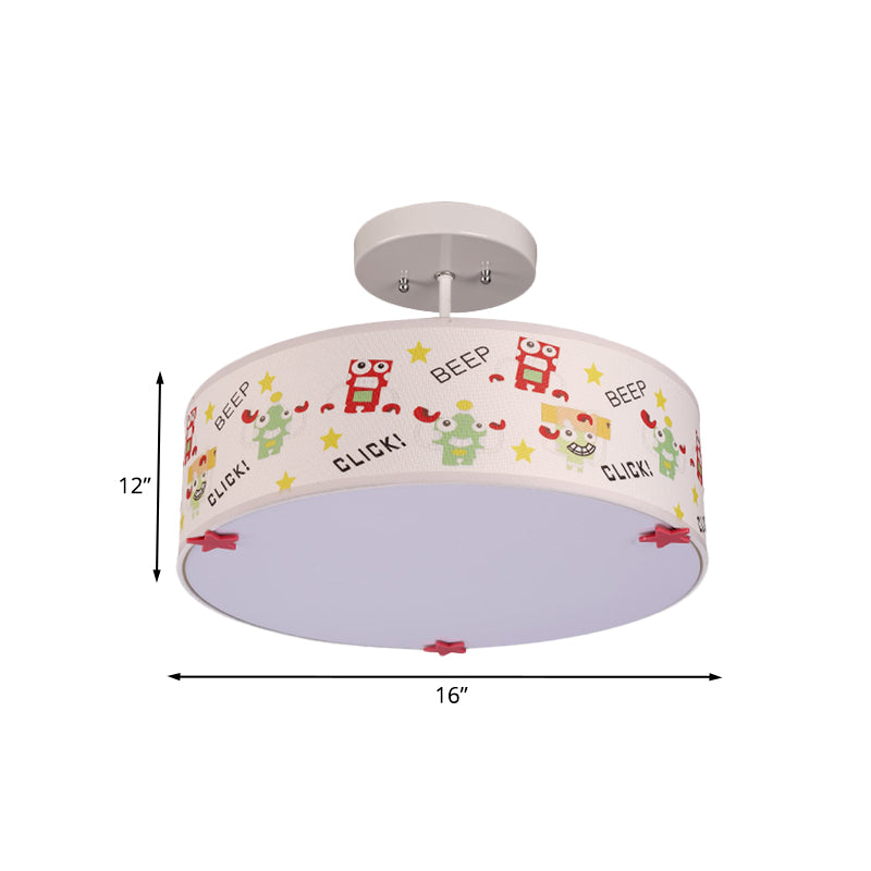 Drum Semi Mount Lighting Cartoon Fabric 3 Bulbs Flush Ceiling Light with Animal Pattern in White
