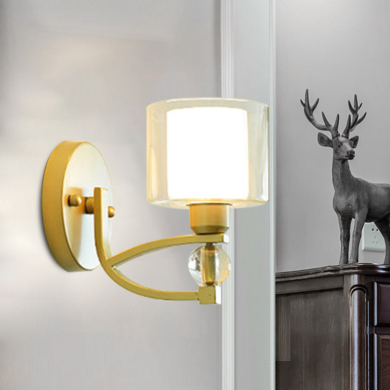 1 Light Murd Mur Mall Light Light Mural Mural Murning Murning moderne avec une nuance à double cylindre transparent et en verre d'opale