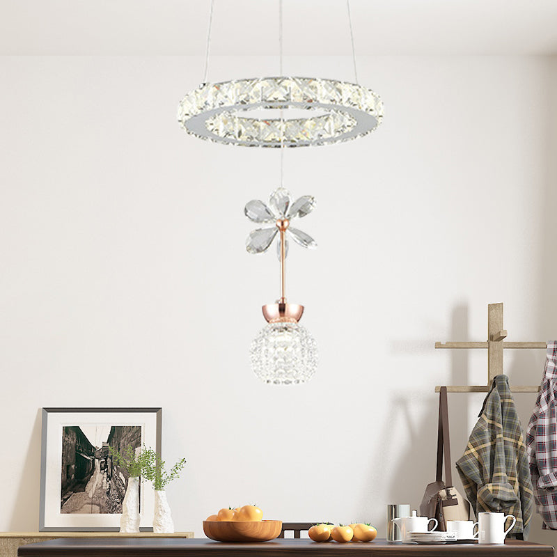 Flower and Dome Hanging Light Kit Modernist Clear Crystal Glass Dining Room LED Pendulum Lamp with Hoop Shelf