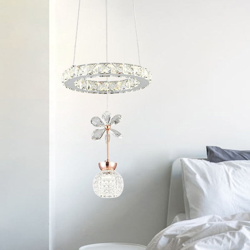 Flower and Dome Hanging Light Kit Modernist Clear Crystal Glass Dining Room LED Pendulum Lamp with Hoop Shelf
