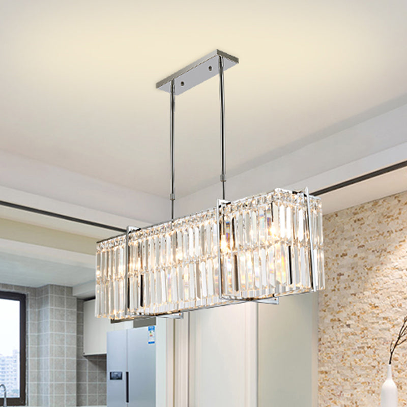 Rectangular Dining Room Island Pendant Modern 3-Sided Crystal Rods 5 Lights Chrome Hanging Lamp