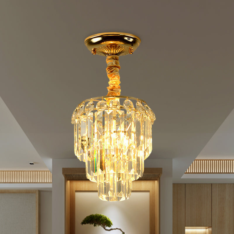 3-Layer Tapered Foyer Flush Mount Light Modernism Crystal Single Gold Semi Mount Lighting