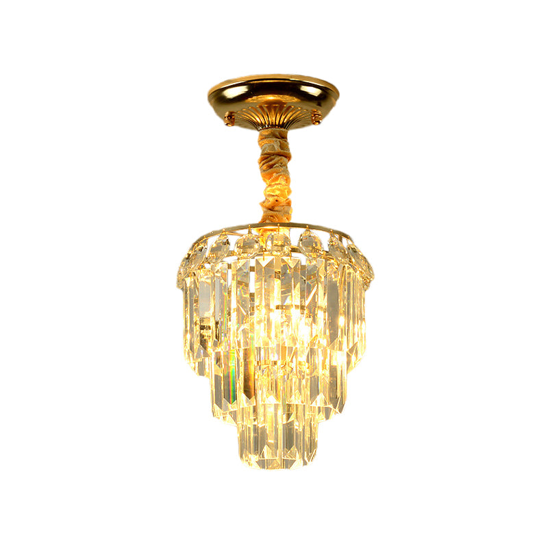 3-Layer Tapered Foyer Flush Mount Light Modernism Crystal Single Gold Semi Mount Lighting