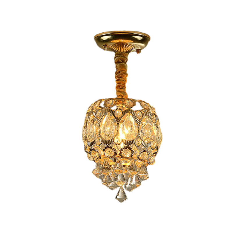 Traditional Oval Flush Light Fixture 1 Bulb Crystal Close to Ceiling Lamp in Gold