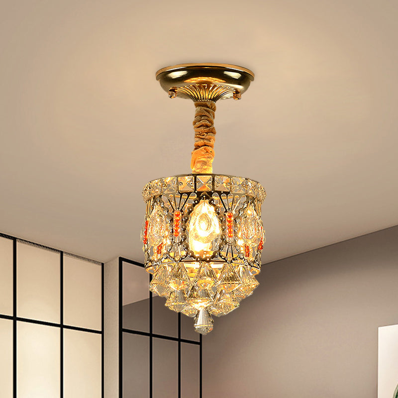 Crystal Encrusted Cylinder Ceiling Light Antique Style 1 Head Hallway Semi Flush Mount in Gold with Diamond Drops