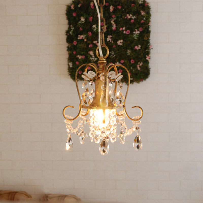Traditional Scrolled Frame Suspension Light 1 Head Metallic Hanging Lamp Kit in Antique Brass with Crystal Droplet