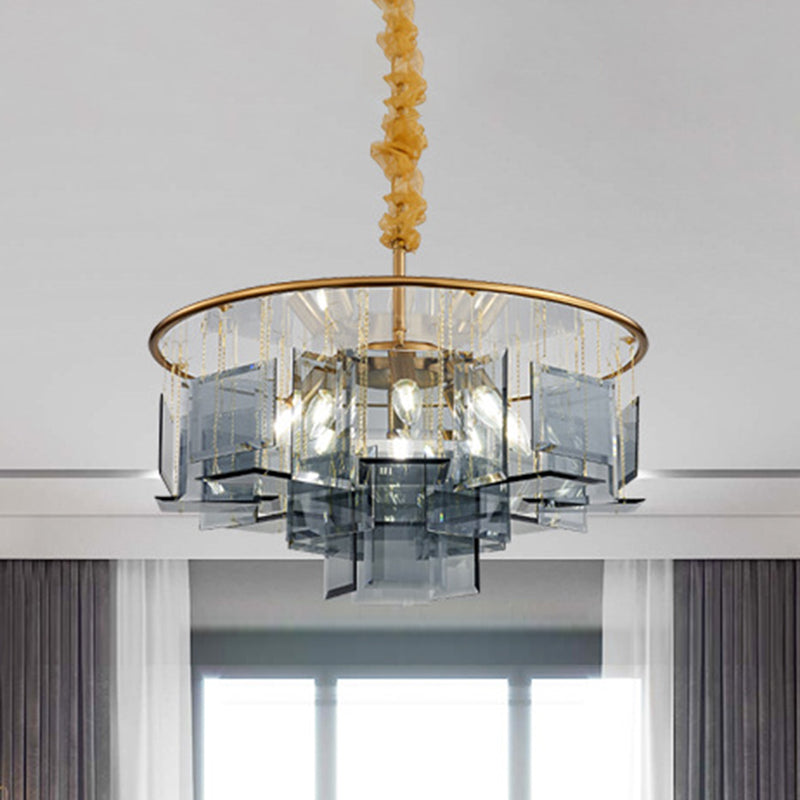 Smoke Gray Crystal Square Chandelier Lamp Contemporary 8 Lights Ceiling Pendant with Circle Design