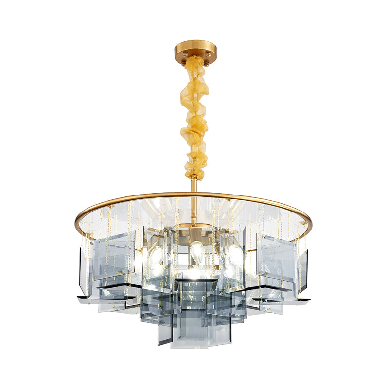 Smoke Gray Crystal Square Chandelier Lamp Contemporary 8 Lights Ceiling Pendant with Circle Design