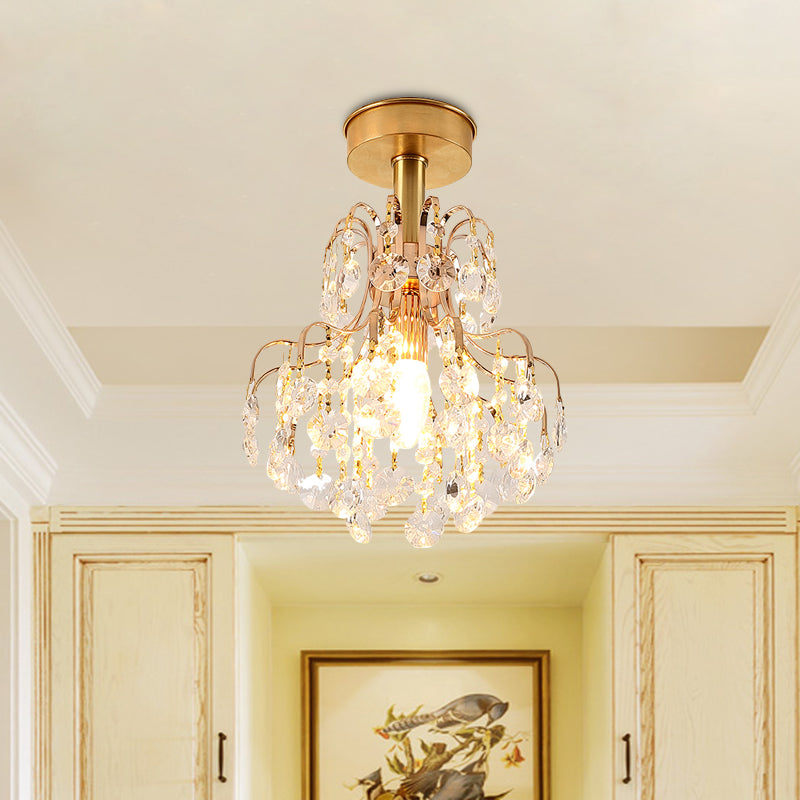 Modern 1 Light Semi Flush Light Brass Teardrop Close to Ceiling Lamp with Crystal Shade for Corridor