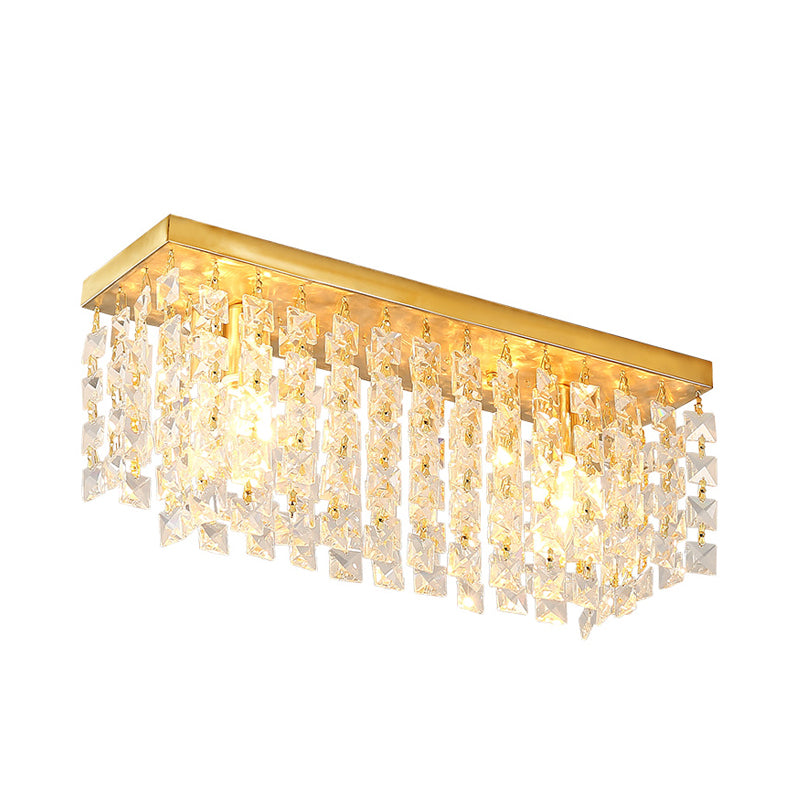 Rectangle Living Room Flush Mount Fixture Clear Crystal 2 Heads Contemporary Flush Ceiling Light in Brass