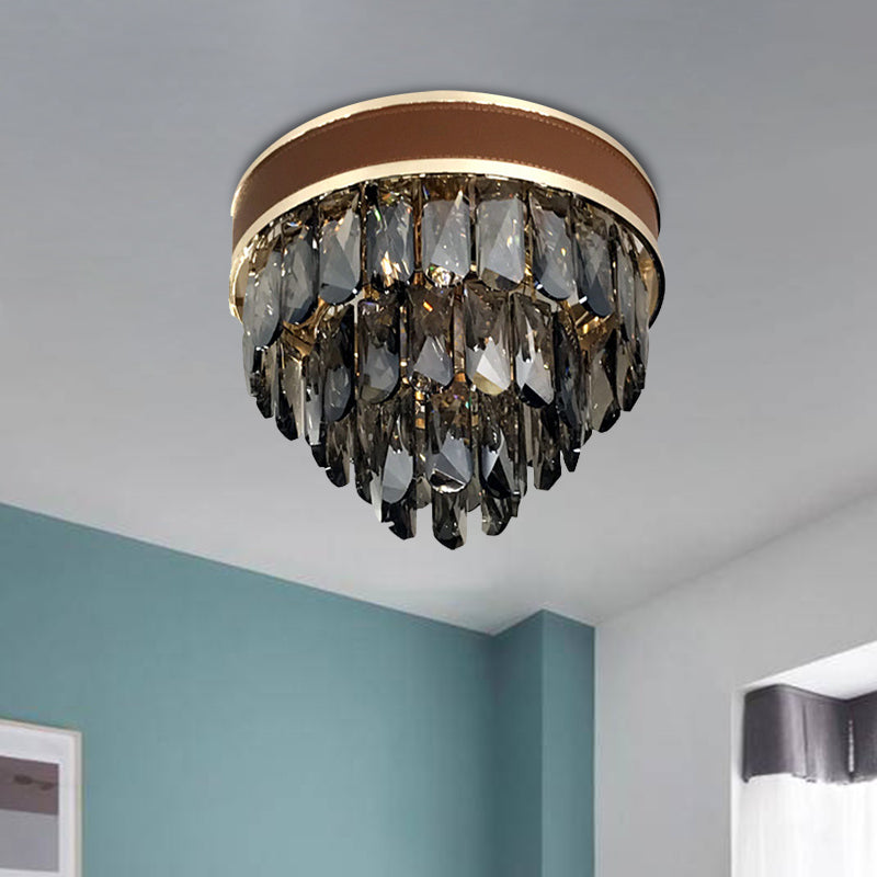 Tiered Flush Mount Lamp Modern Smoke Gray Crystal 6 Bulbs Living Room Close to Ceiling Light