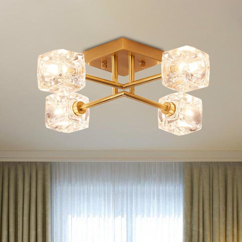 Crystal transparent carré contemporain Crystal clair Crystal 4/6 Éclairage de plafond de chambre à coucher en laiton