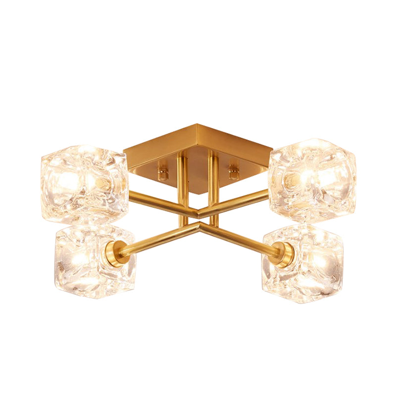 Crystal transparent carré contemporain Crystal clair Crystal 4/6 Éclairage de plafond de chambre à coucher en laiton