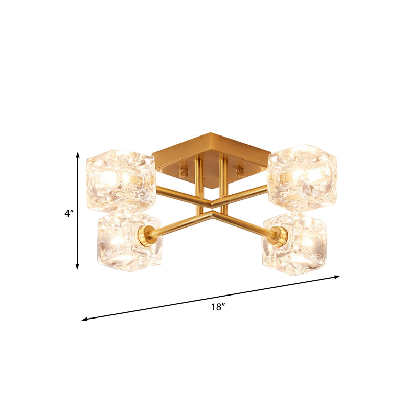 Crystal transparent carré contemporain Crystal clair Crystal 4/6 Éclairage de plafond de chambre à coucher en laiton