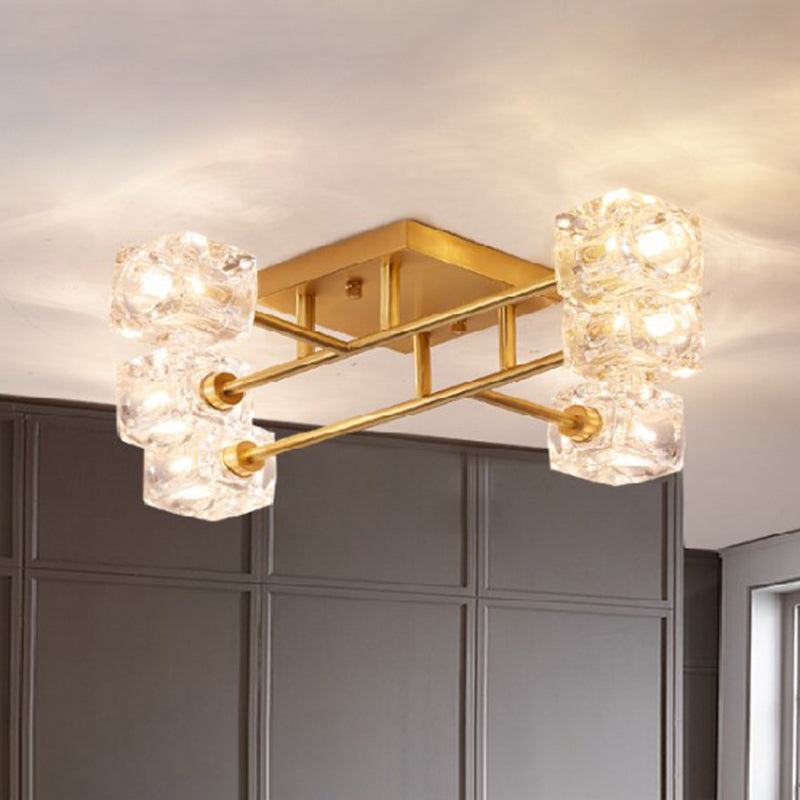 Crystal transparent carré contemporain Crystal clair Crystal 4/6 Éclairage de plafond de chambre à coucher en laiton
