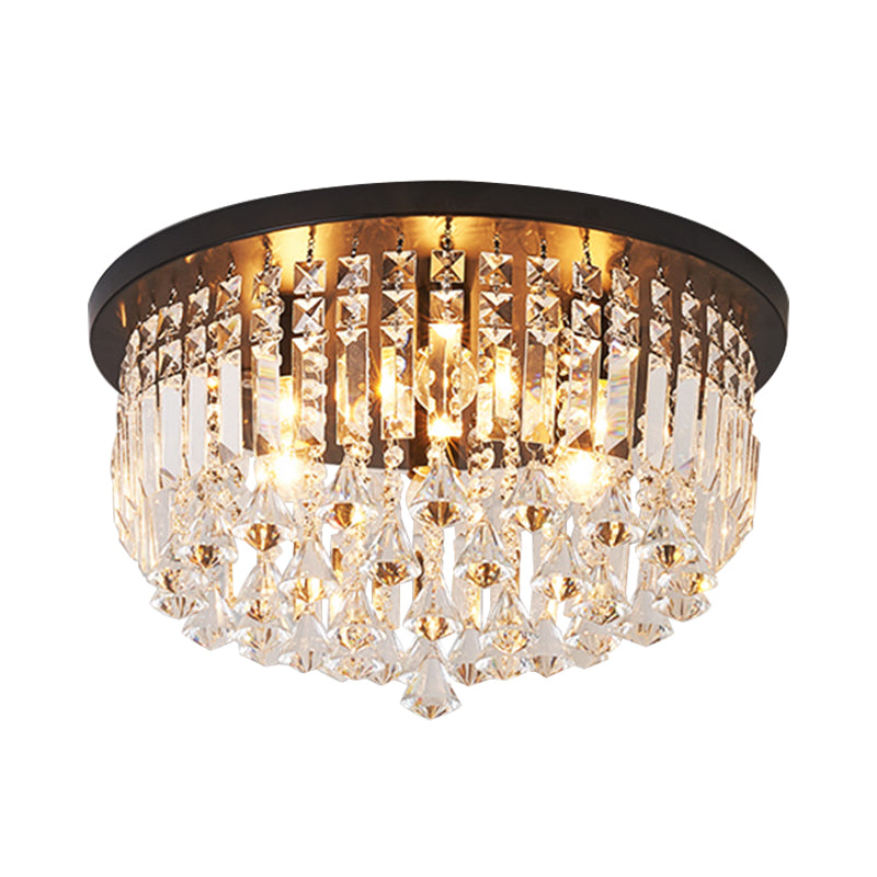 9 Lights Bedroom Flush Light Fixture Contemporary Black Ceiling Lighting with Cascade Crystal Shade
