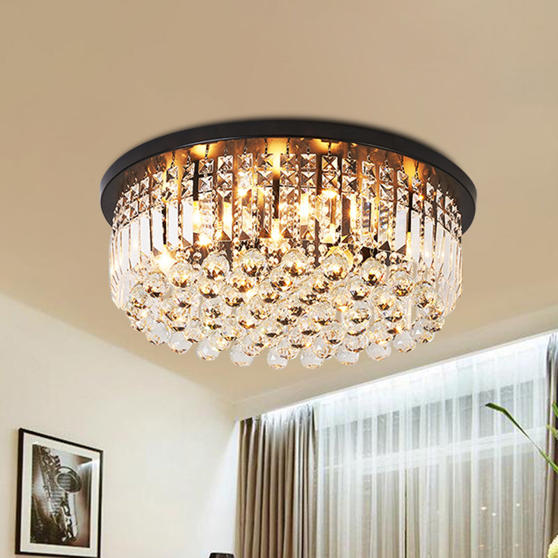 9 Lights Bedroom Flush Light Fixture Contemporary Black Ceiling Lighting with Cascade Crystal Shade