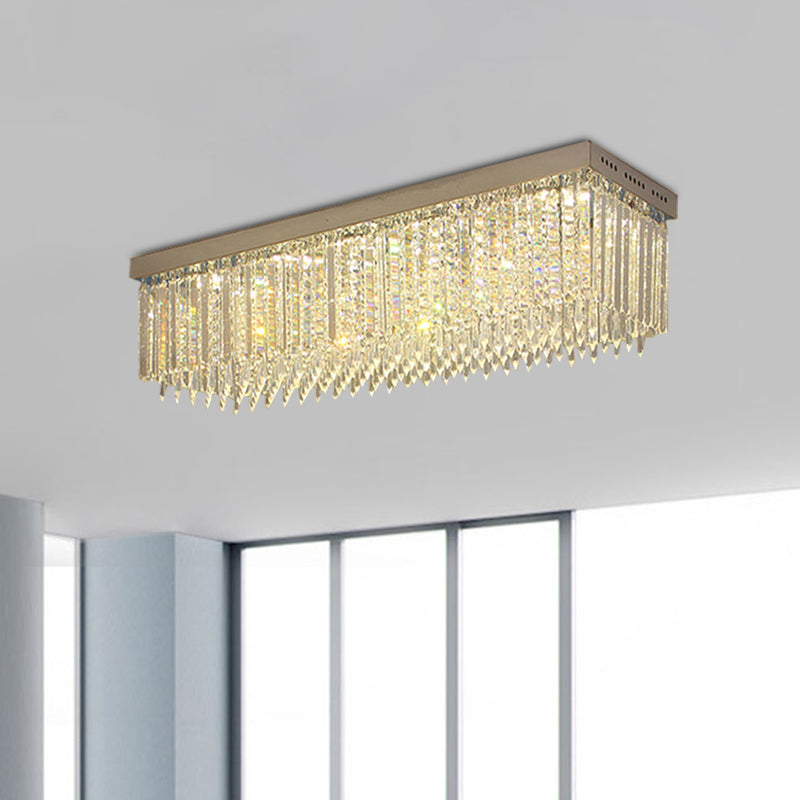 Clear Crystal Rectangle Flush Light Minimal Style 10 Heads Nickel Ceiling Mounted Fixture