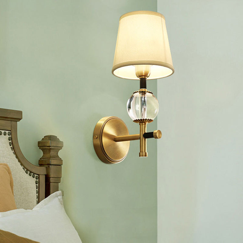 1/2-Head Bedroom Wall Sconce Modernism Brass Finish Clear Crystal Wall Light Fixture with Conical Fabric Shade