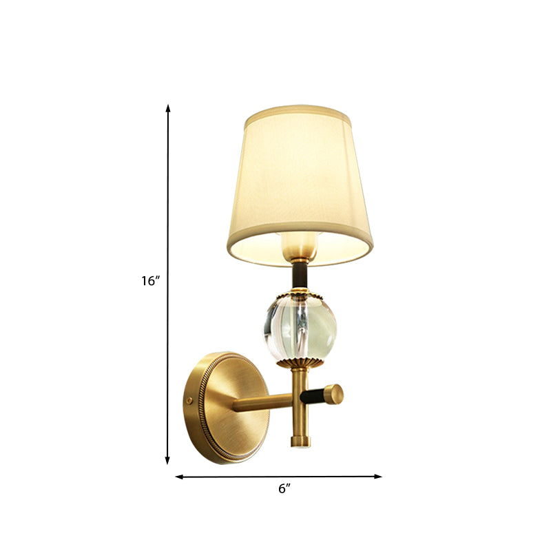 1/2-Head Bedroom Wall Sconce Modernism Brass Finish Clear Crystal Wall Light Fixture with Conical Fabric Shade
