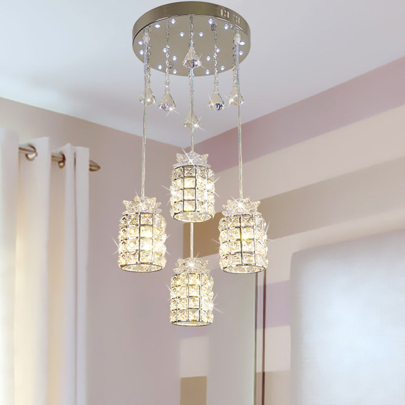 Lampada di sospensione cilindri minima Crystal Crystal a 4 luci a cluster Light in cromo cromata in cromo