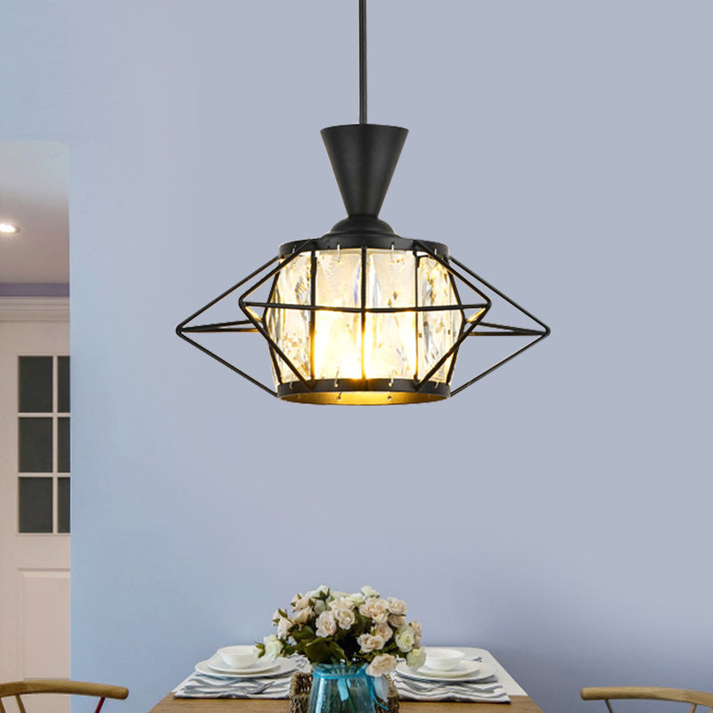 Wire Cage Hanging Pendant Light Modern Metal 1 Light Dining Room Ceiling Lamp in Black/Gold with Drum Crystal Shade