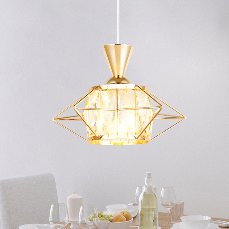 Wire Cage Hanging Pendant Light Modern Metal 1 Light Dining Room Ceiling Lamp in Black/Gold with Drum Crystal Shade