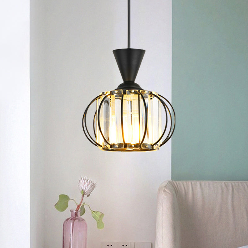 Zeitgenössische Laterne -Hanglampen -Kit Metallic 1 Glühbirnenschlafzimmer -Anhänger Licht mit innerer Drumkristallschatten in Schwarz/Gold