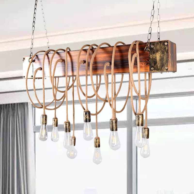 Multi Light Suspension Light Lodge Bare Bulb Metal Island Lighting with Wooden Beam and Cord/Rope in Black/Antique Brass