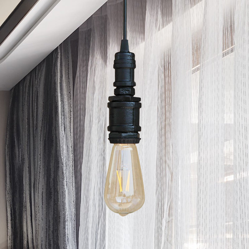 1 Light Bare Bulb Hanging Light Rustic Style Black/Silver Wrought Iron Ceiling Fixture with Pipe for Bathroom