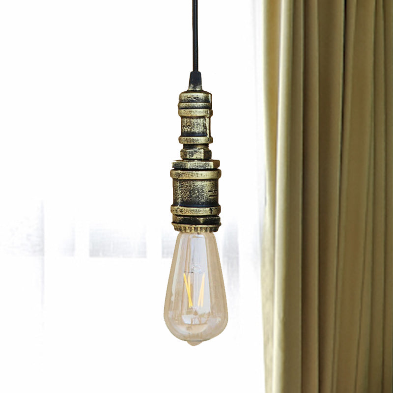 1 Light Bare Bulb Hanging Light Rustic Style Black/Silver Wrought Iron Ceiling Fixture with Pipe for Bathroom