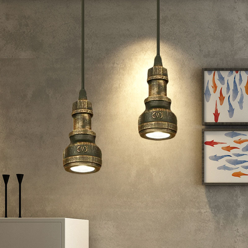 Antique Style Mini Pendant Lamp with Water Pipe 1 Light Wrought Iron Lighting Fixture in Aged Brass