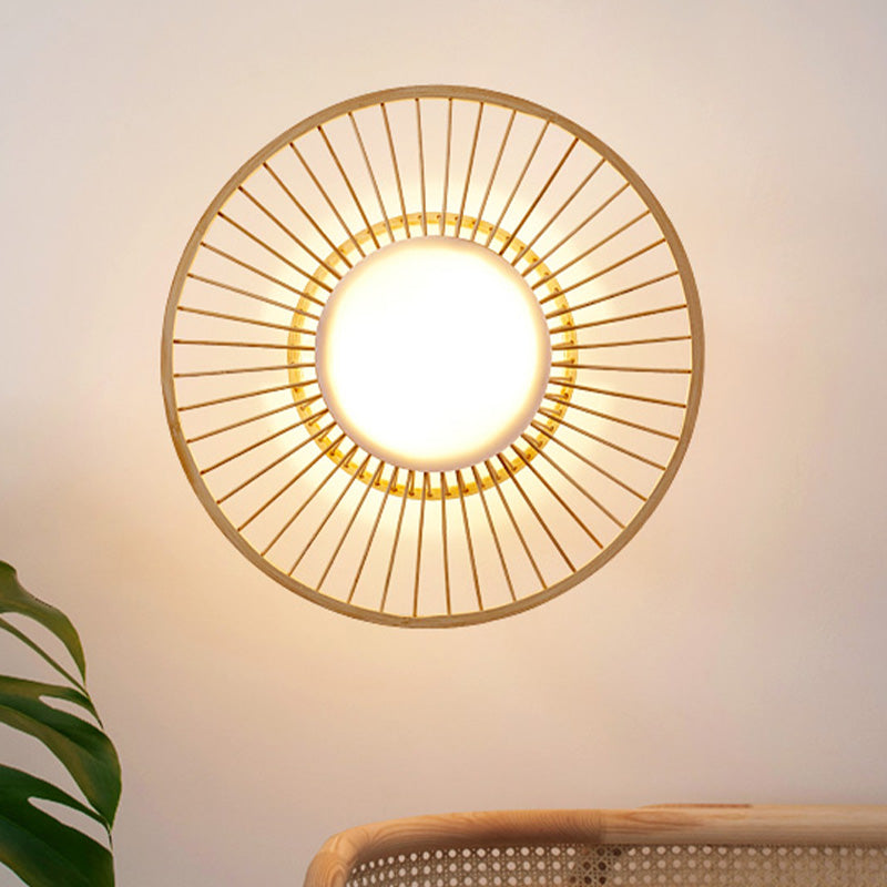 Single Head Living Room Wall Mounted Light Asian Style Beige Wall Sconce Lamp with Circular Bamboo Shade