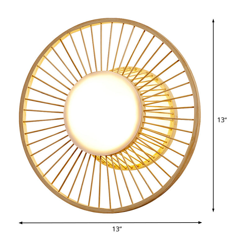 Enkele kop woonkamer muur gemonteerd licht Aziatische stijl beige wand sconce lamp met cirkelvormige bamboe schaduw