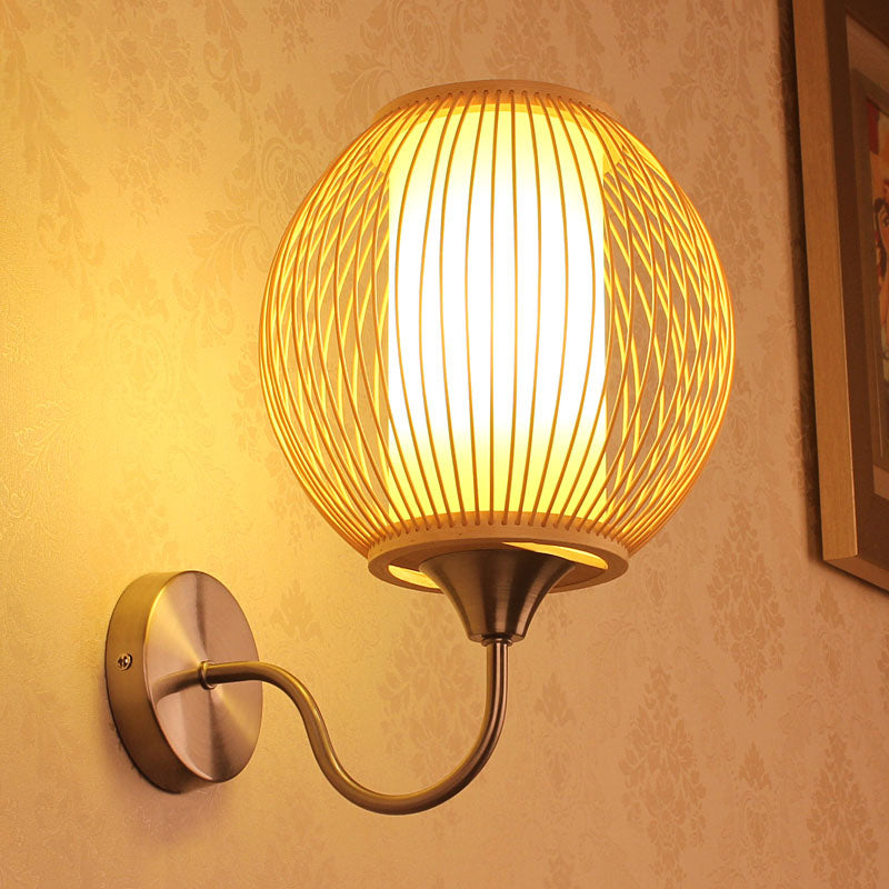 Aziatische stijl Global Lighting SCONCE BAMBOE Single Bulb Slaapkamer Gouslandeneck Arm Wand gemonteerd lamp met binnenste buisvormige perkament schaduw in hout