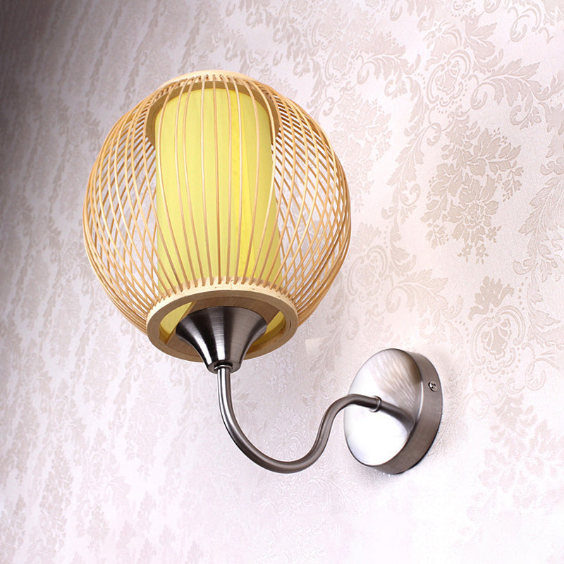 Asian Style Global Lighting Sconce Bamboo Single Bulb Bedroom Gooseneck Arm Wall Mounted Lamp with Inner Tubular Parchment Shade in Wood