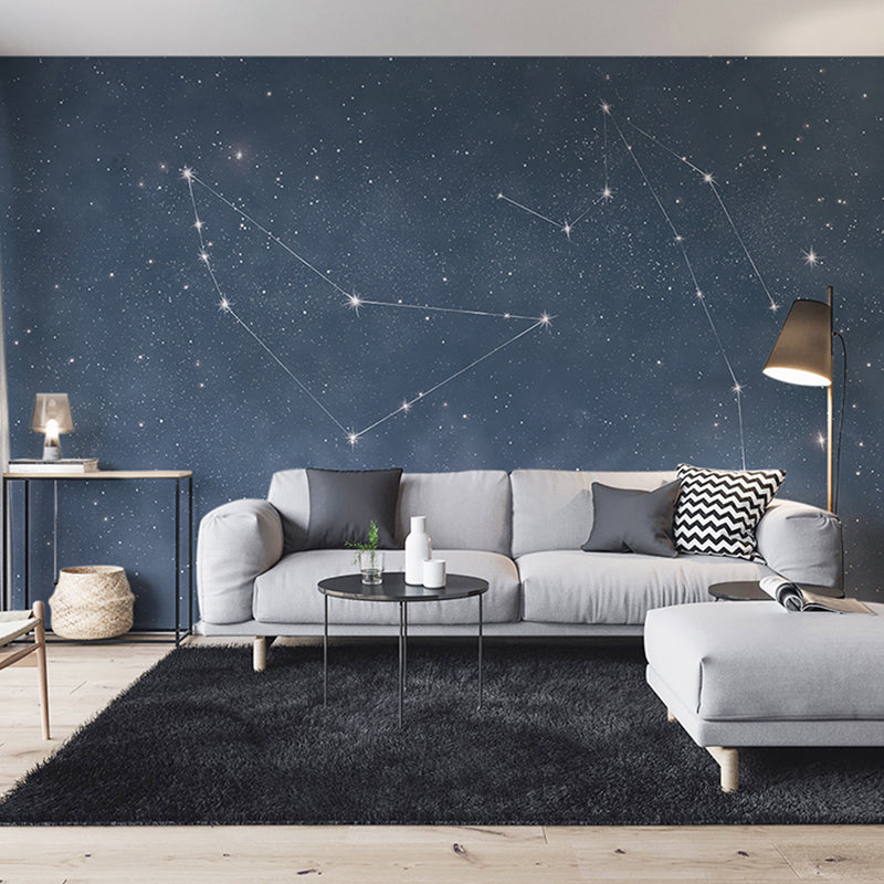 Contemporary Horoscope Mural Wallpaper in Dark Blue Living Room Wall Decor, Made to Measure