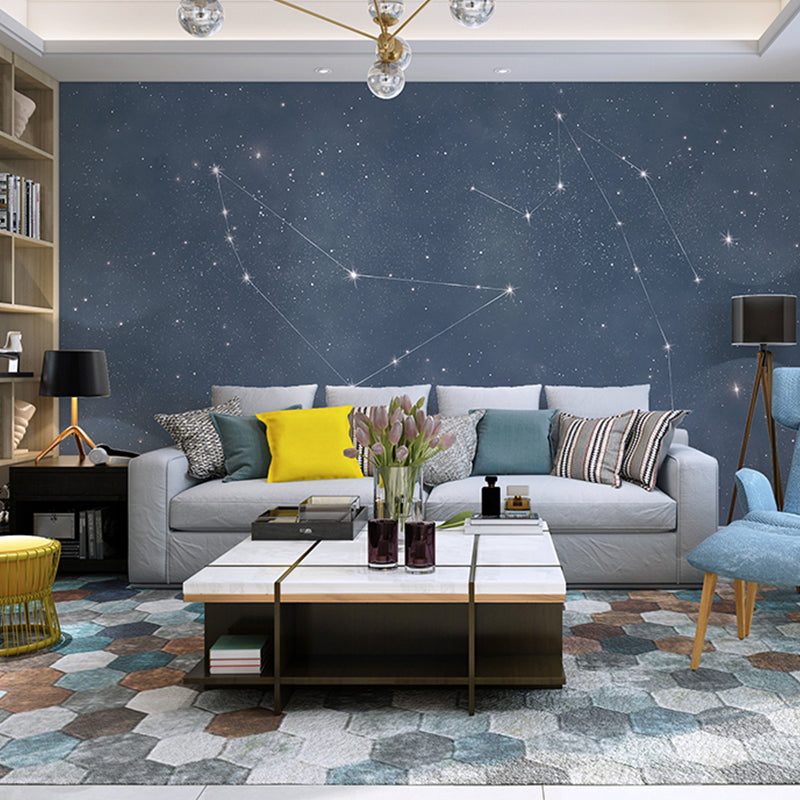 Contemporary Horoscope Mural Wallpaper in Dark Blue Living Room Wall Decor, Made to Measure