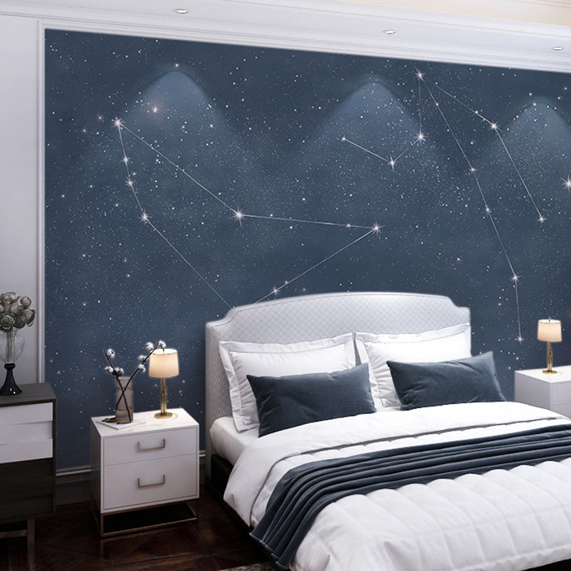 Contemporary Horoscope Mural Wallpaper in Dark Blue Living Room Wall Decor, Made to Measure