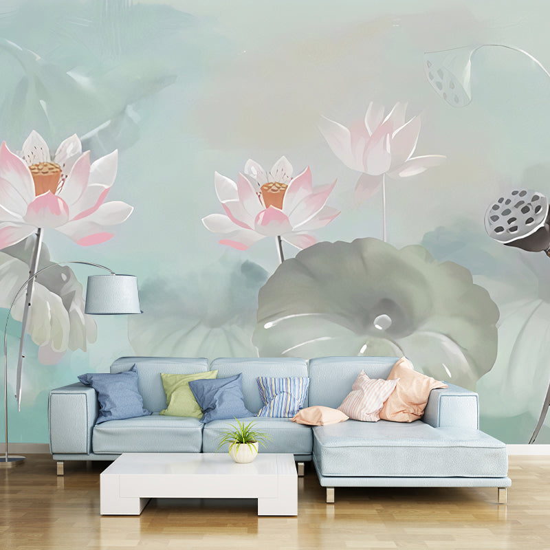 Fresh Lotus Wall Covering Pink and Green Gallery Mural Wallpaper, Custom-Printed