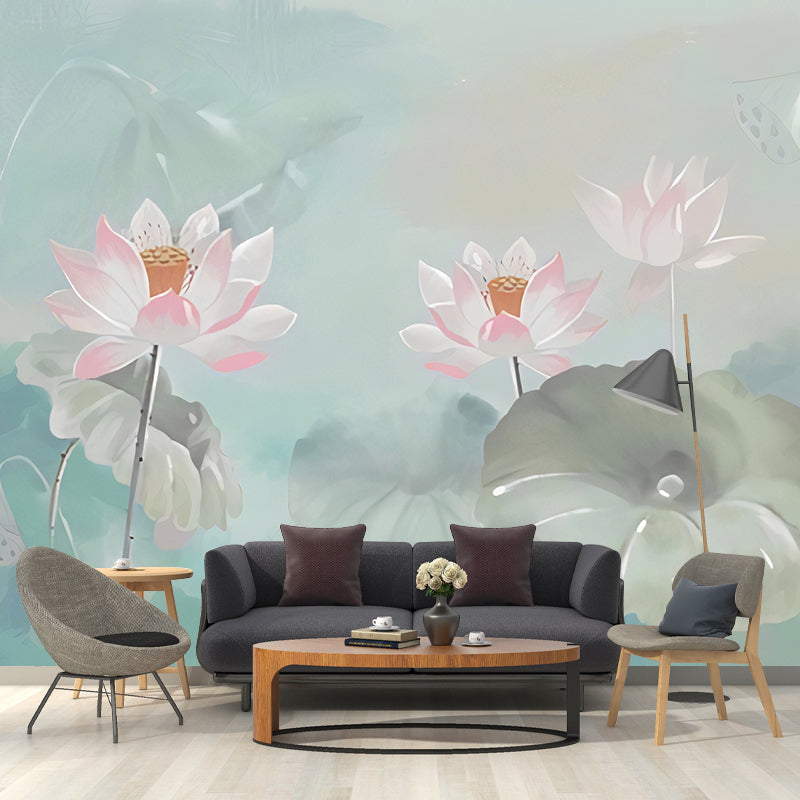 Fresh Lotus Wall Covering Pink and Green Gallery Mural Wallpaper, Custom-Printed